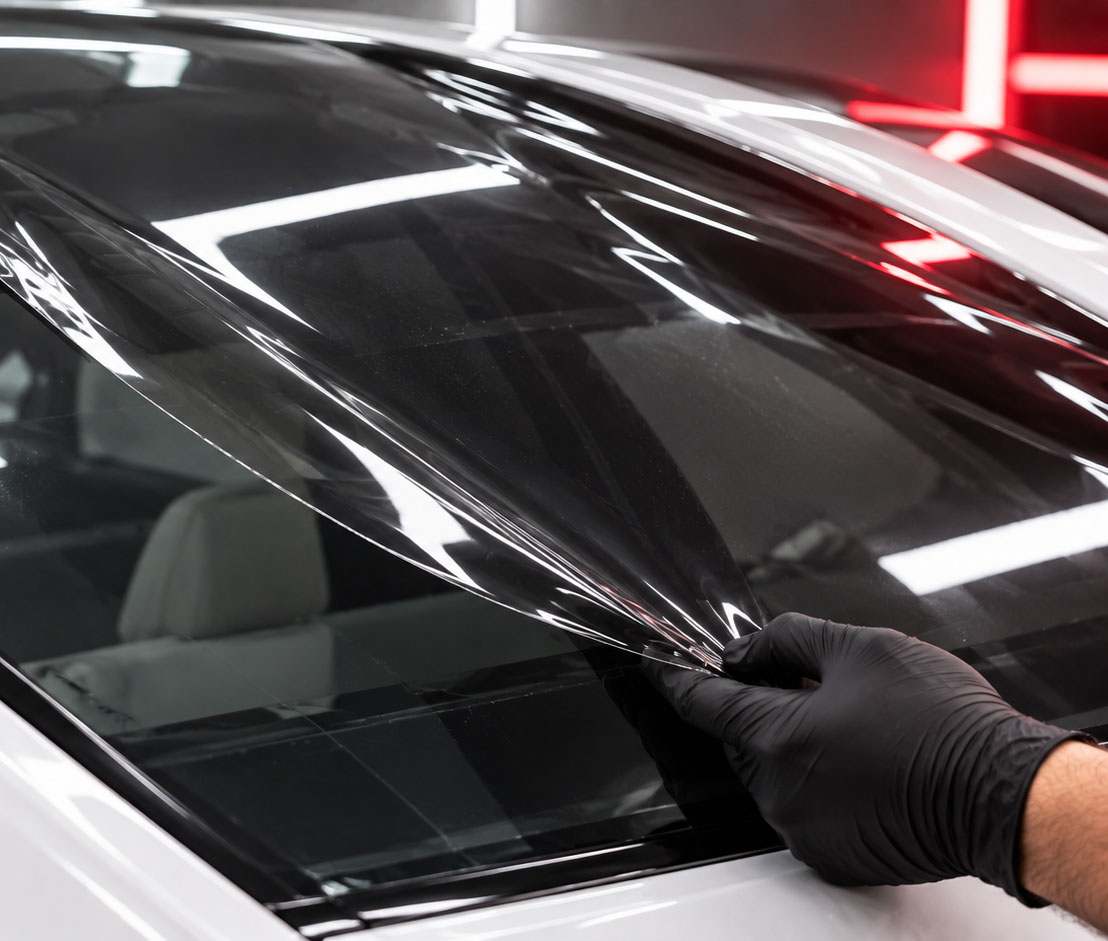 LLumar window film being precisely applied to a vehicle window